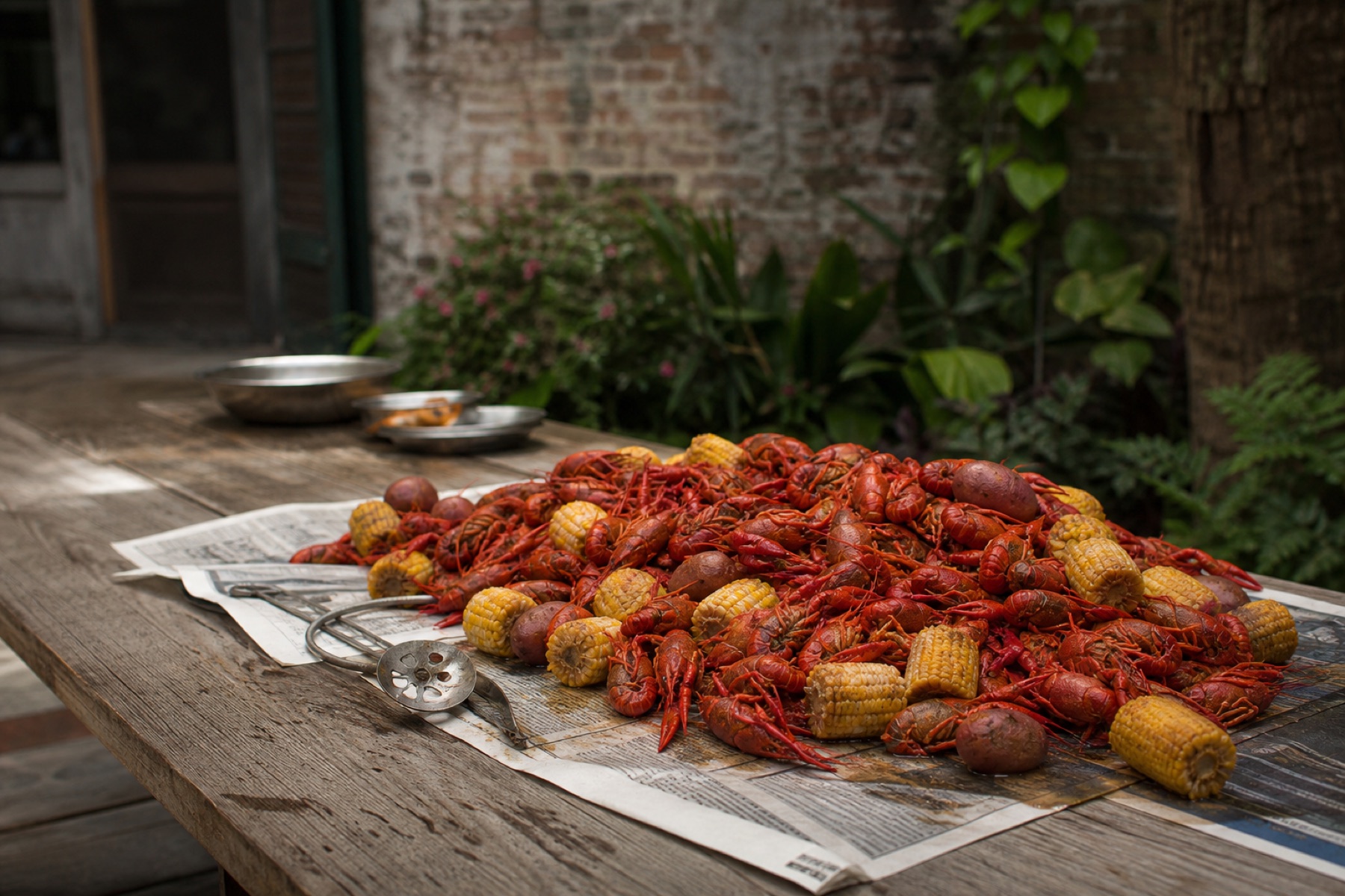 A people-free crawfish boil spread in a courtyard